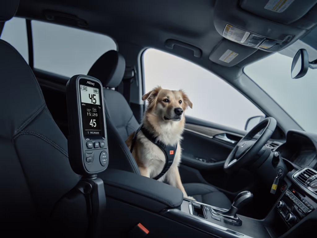 noise_reduction_test_setup_showing_decibel_meter_in_car_cabin_with_dog