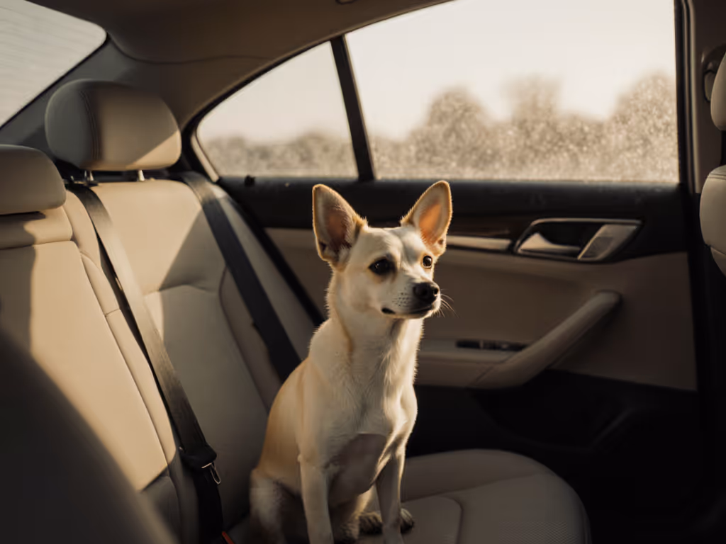 small_dog_in_car_with_covered_windows_showing_calm_posture